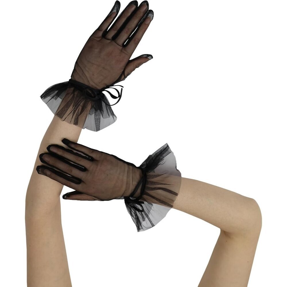 Women's Evening Black Ruffles Mesh Tulle Short Gloves Wedding Party Accessory